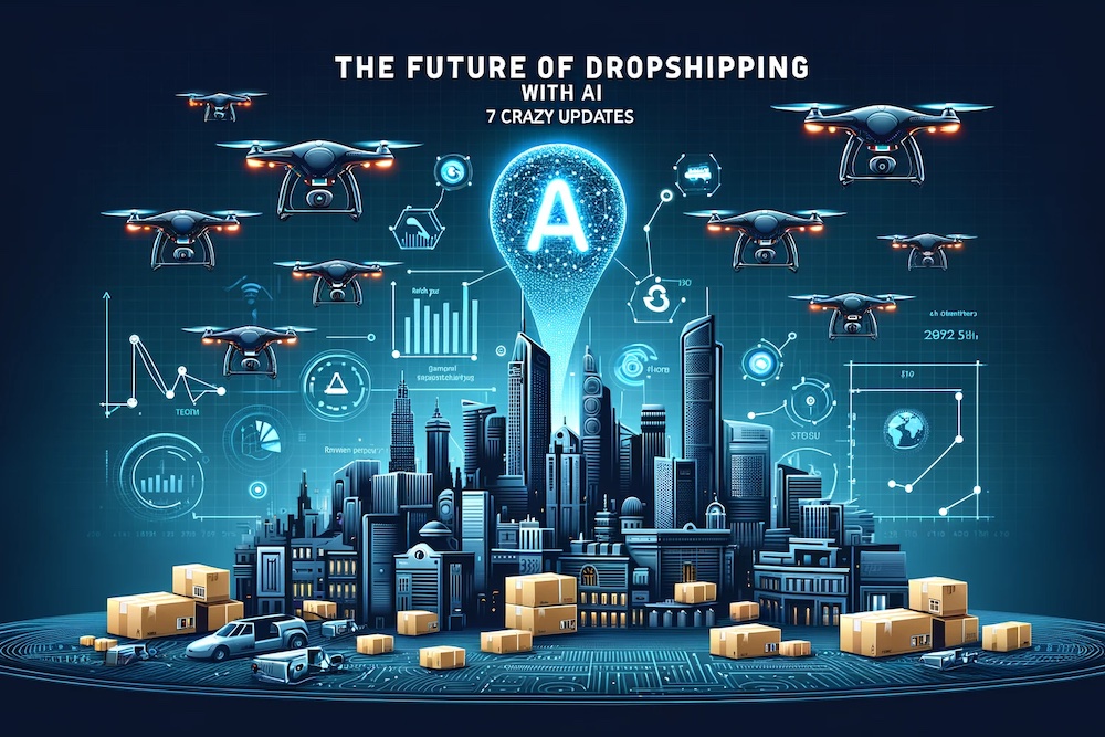 Futuristic city with AI-powered dropshipping, drones delivering packages, data charts, and smart logistics technology shaping the future of e-commerce.